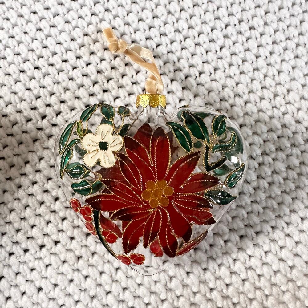 Pier 1 Imports Cloisonne Poinsettia Holiday Christmas Heart Ornament In Box 2019 - Picture 2 of 7